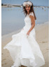 Ivory Lace Chiffon Keyhole Back Cap Sleeves Beach Wedding Dress 